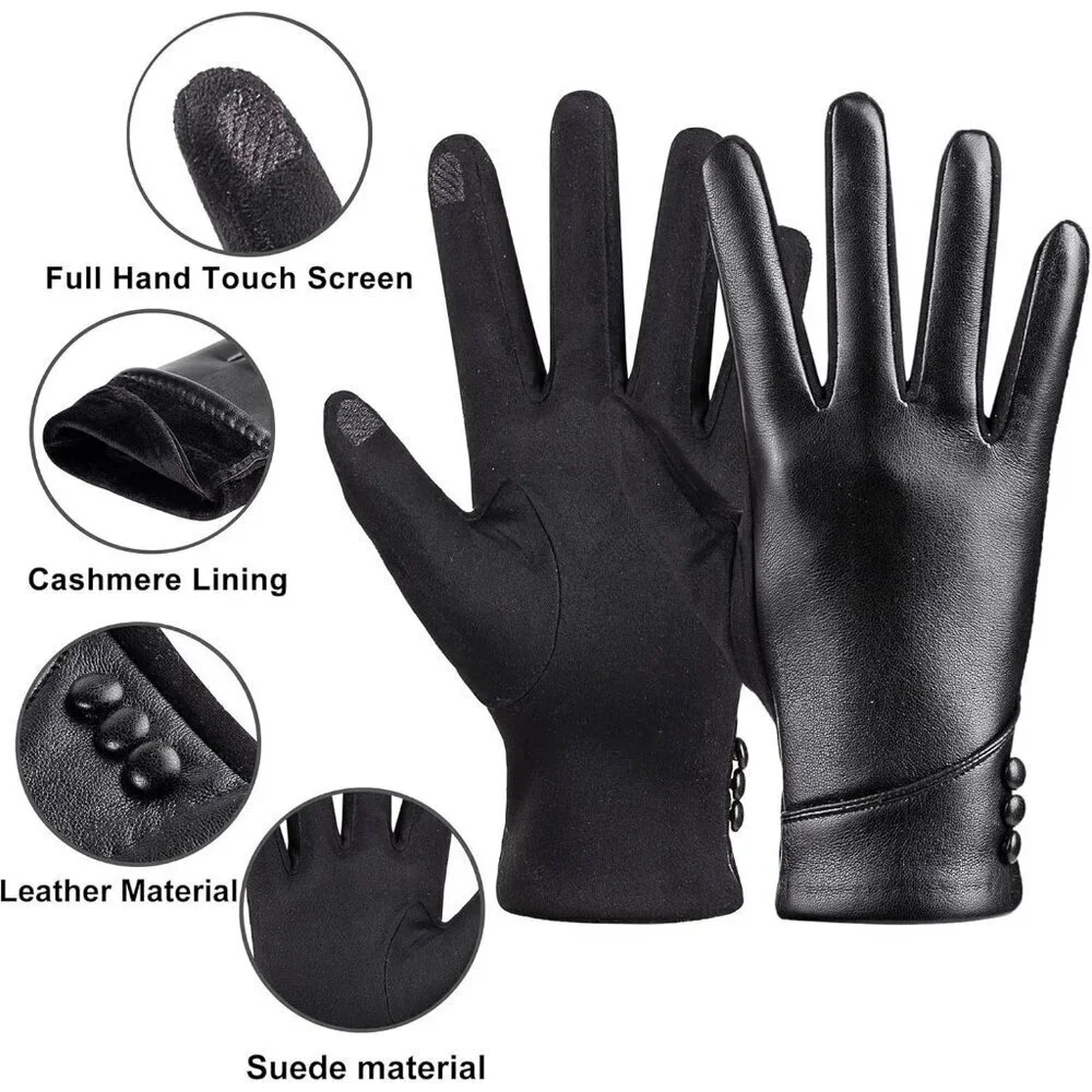 Women's Winter Leather Gloves Touch Screen Wool Lined Windproof Warm Suede Black